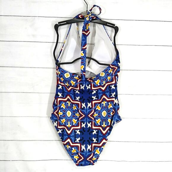 LOFT Beach One Piece Bathing Suit Halter Top Size 6 Blue & White Moroccan Print - Picture 3 of 5